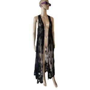You are Not Alone black lace open maxi festival fringe sleeveless Kimono M/L
